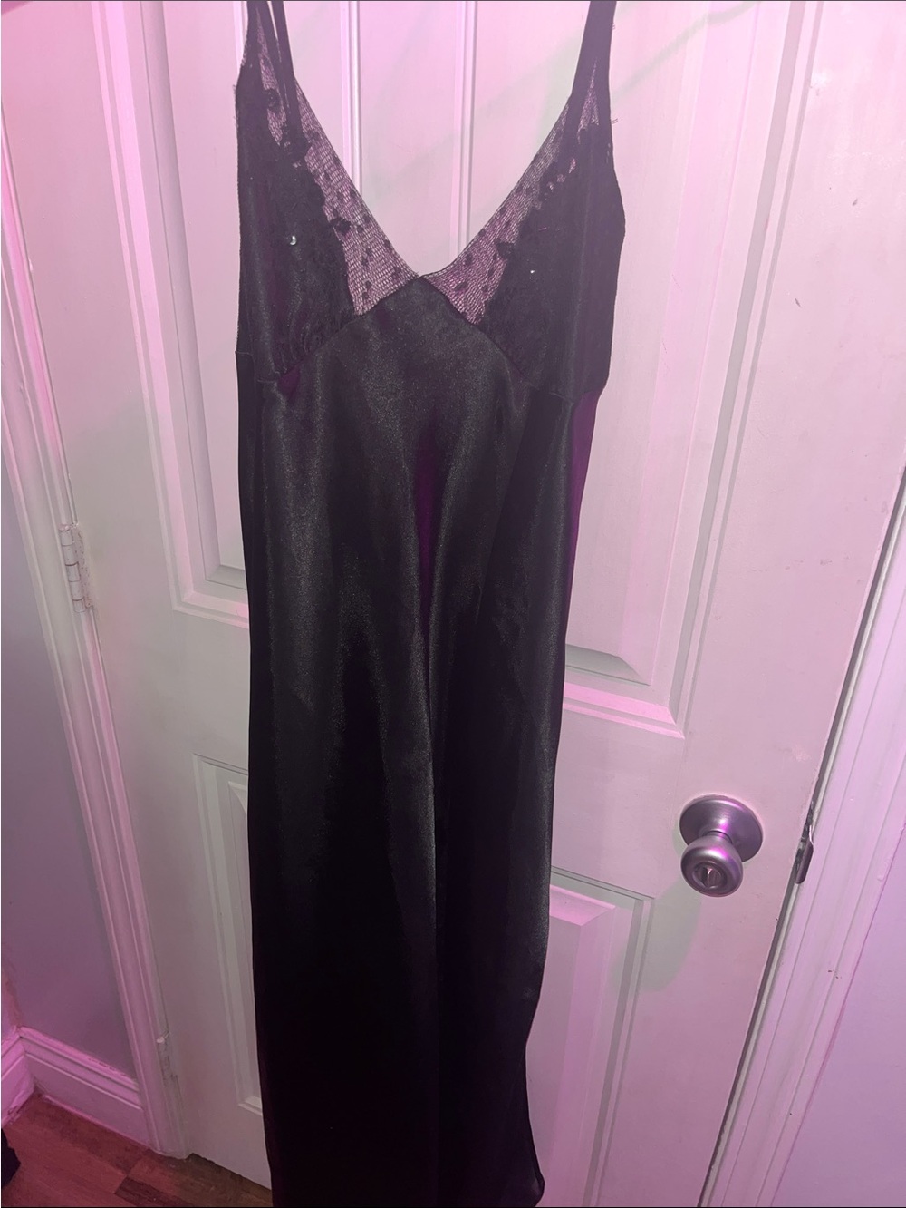 Elegant Black Satin Slip Chemise with Lace V-Neckline